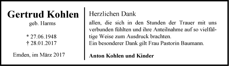  Traueranzeige für Gertrud Kohlen vom 18.03.2017 aus Emder Zeitung