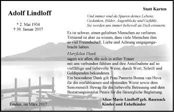 Traueranzeige von Adolf Lindloff von Emder Zeitung