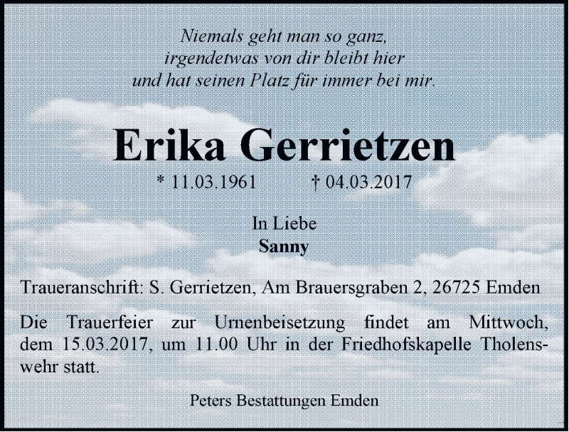 Traueranzeige für Erika Gerrietzen vom 09.03.2017 aus Emder Zeitung