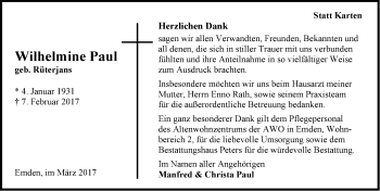 Traueranzeige von Wilhelmine Paul von Emder Zeitung