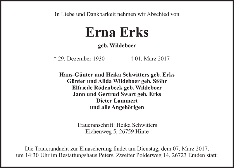  Traueranzeige für Erna Erks vom 04.03.2017 aus Emder Zeitung