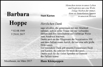 Traueranzeige von Barbara Hoppe von Emder Zeitung