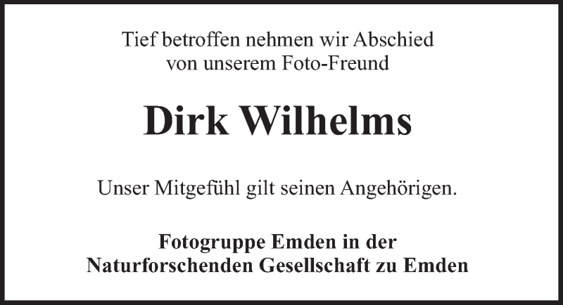  Traueranzeige für Dirk Wilhelms vom 17.03.2017 aus Emder Zeitung