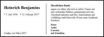 Traueranzeige von Heinrich Benjamins von Emder Zeitung