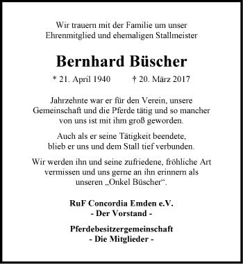 Traueranzeige von Bernhard Büscher von Emder Zeitung