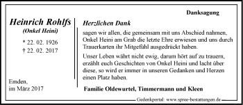 Traueranzeige von Heinrich Rohlfs von Emder Zeitung