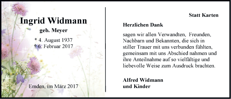 Traueranzeige für Ingrid Widmann vom 18.03.2017 aus Emder Zeitung