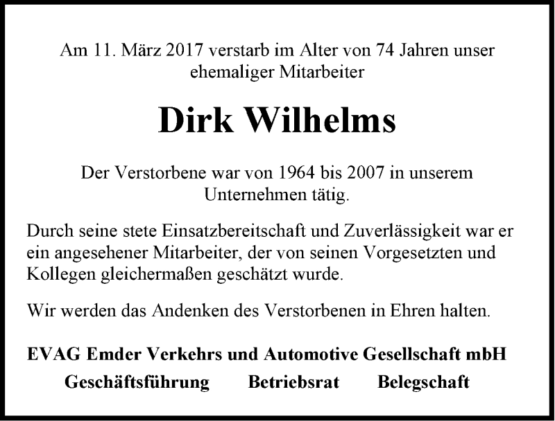  Traueranzeige für Dirk Wilhelms vom 15.03.2017 aus Emder Zeitung