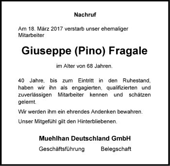 Traueranzeige von Giuseppe Fragale von Emder Zeitung