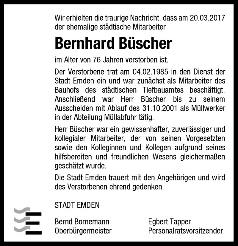  Traueranzeige für Bernhard Büscher vom 23.03.2017 aus Emder Zeitung