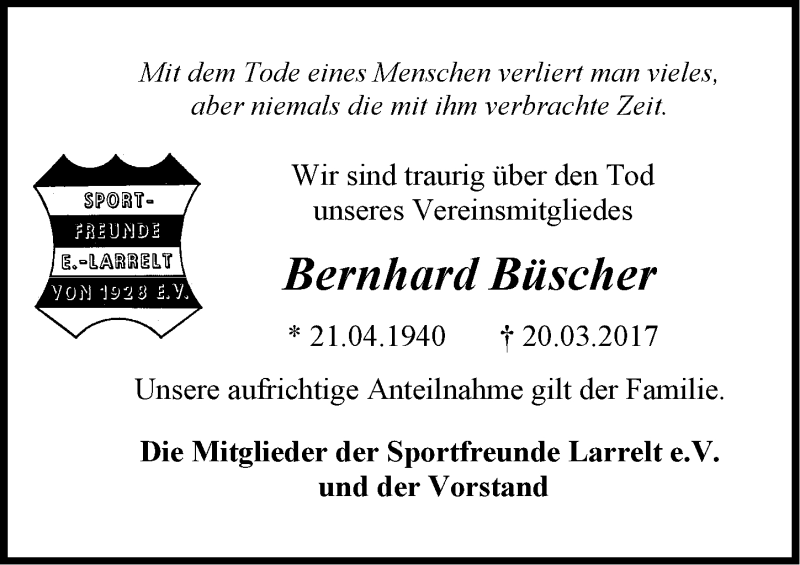  Traueranzeige für Bernhard Büscher vom 23.03.2017 aus Emder Zeitung