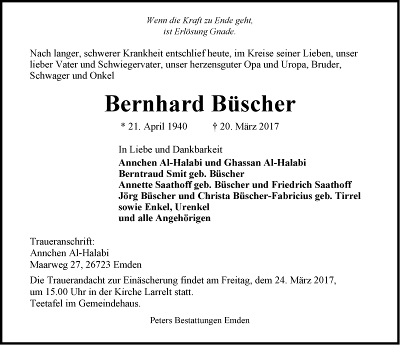  Traueranzeige für Bernhard Büscher vom 22.03.2017 aus Emder Zeitung
