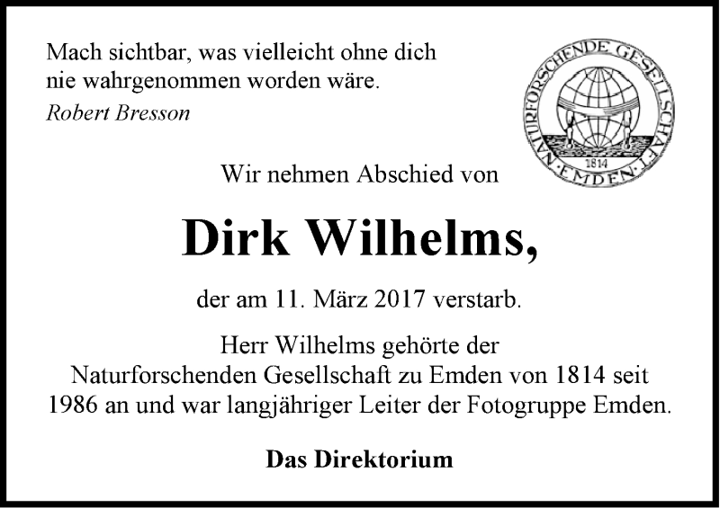  Traueranzeige für Dirk Wilhelms vom 16.03.2017 aus Emder Zeitung