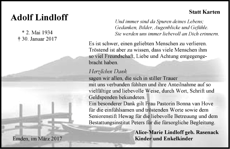  Traueranzeige für Adolf Lindloff vom 18.03.2017 aus Emder Zeitung