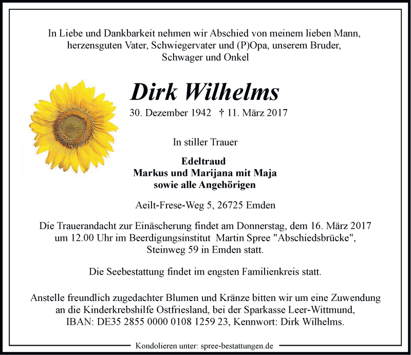  Traueranzeige für Dirk Wilhelms vom 14.03.2017 aus Emder Zeitung