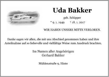 Traueranzeige von Uda Bakker von Emder Zeitung