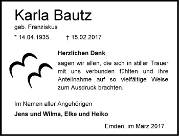 Traueranzeige von Karla Bautz von Emder Zeitung