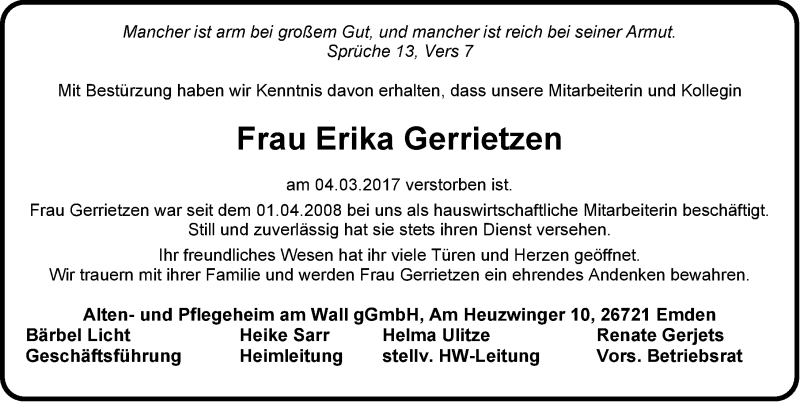  Traueranzeige für Erika Gerrietzen vom 11.03.2017 aus Emder Zeitung
