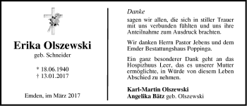 Traueranzeige von Erika Olszewski von Emder Zeitung