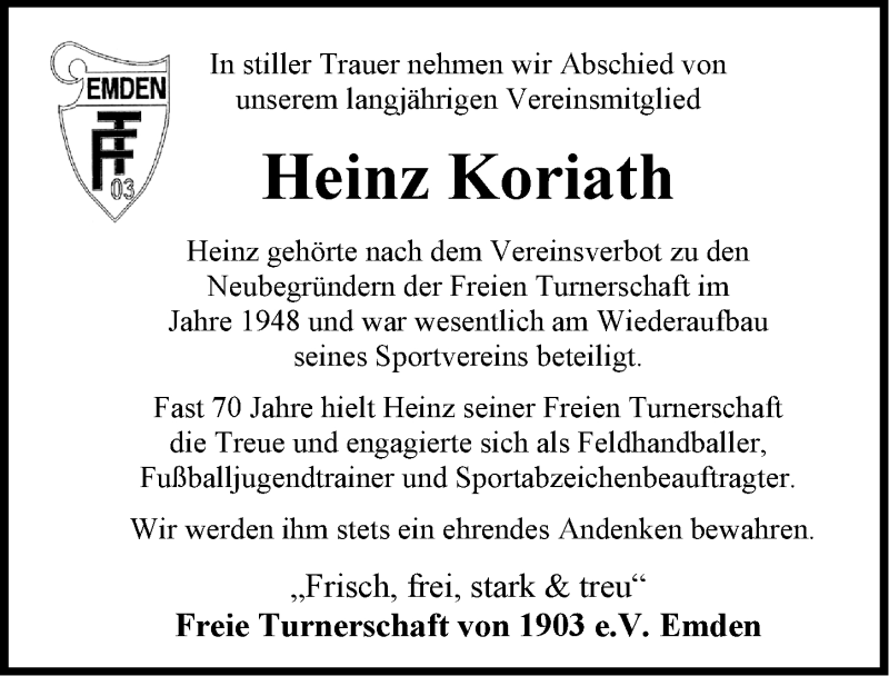  Traueranzeige für Heinz Koriath vom 01.03.2017 aus Emder Zeitung