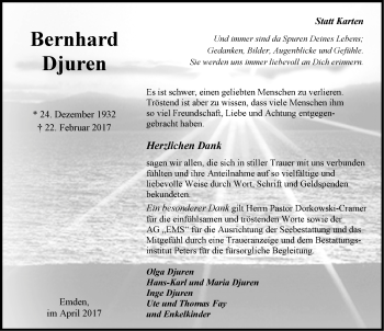 Traueranzeige von Bernhard Djuren von Emder Zeitung