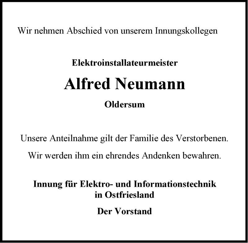  Traueranzeige für Alfred Neumann vom 08.04.2017 aus Emder Zeitung