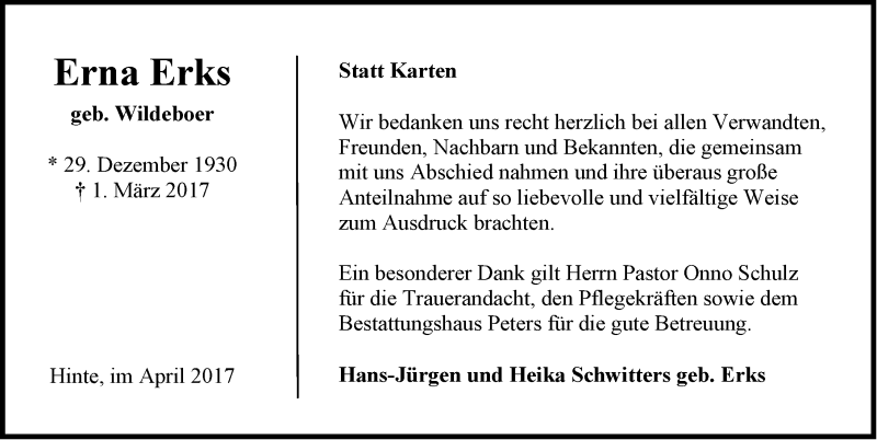  Traueranzeige für Erna Erks vom 08.04.2017 aus Emder Zeitung