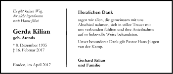 Traueranzeige von Gerda Kilian von Emder Zeitung