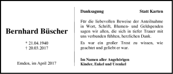Traueranzeige von Bernhard Büscher von Emder Zeitung