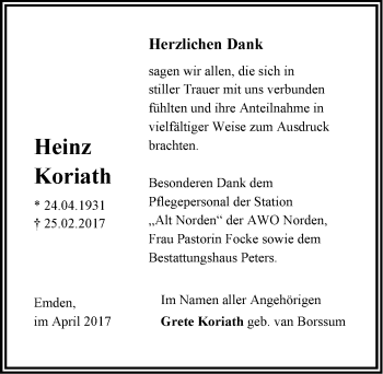 Traueranzeige von Heinz Koriath von Emder Zeitung