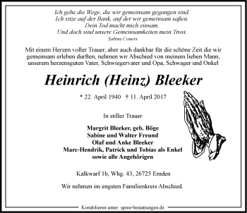 Traueranzeige von Heinrich Heinz Bleeker von Emder Zeitung