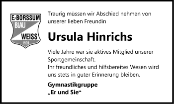 Traueranzeige von Ursula Hinrichs von Emder Zeitung