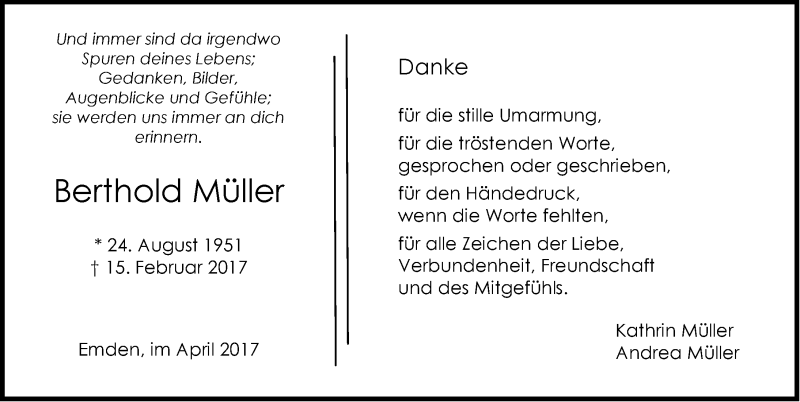  Traueranzeige für Berthold Müller vom 08.04.2017 aus Emder Zeitung