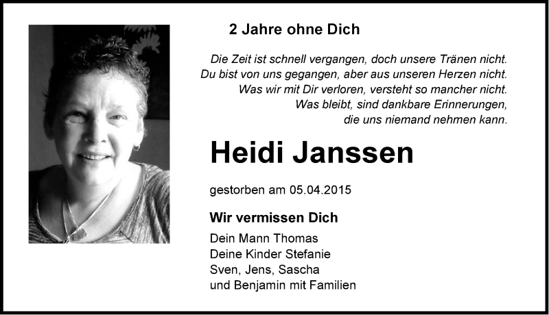  Traueranzeige für Heidi Janssen vom 07.04.2017 aus Emder Zeitung