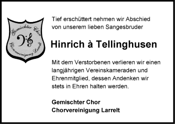 Traueranzeige von Hinrich Ã  Tellinghusen von Emder Zeitung