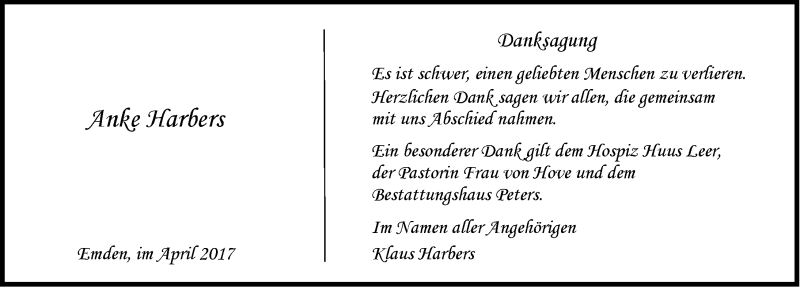  Traueranzeige für Anke Harbers vom 29.04.2017 aus Emder Zeitung