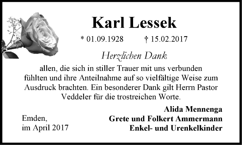  Traueranzeige für Karl Lessek vom 15.04.2017 aus Emder Zeitung