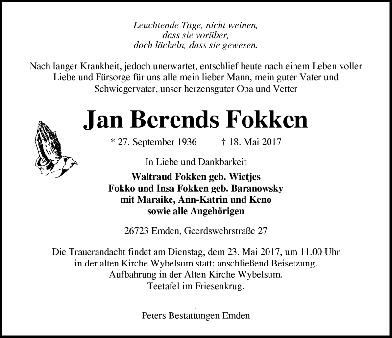  Traueranzeige für Jan Berends Fokken vom 20.05.2017 aus Emder Zeitung