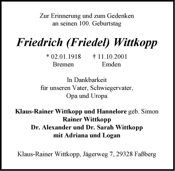 Traueranzeige von Friedrich Friedel Wittkopp von Emder Zeitung