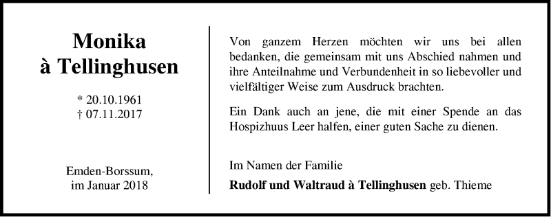  Traueranzeige für Monika à Tellinghusen vom 06.01.2018 aus Emder Zeitung