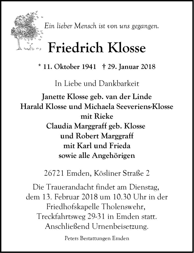  Traueranzeige für Friedrich Klosse vom 03.02.2018 aus Emder Zeitung