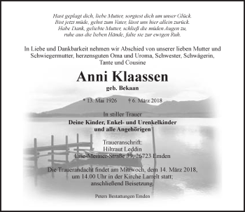Traueranzeige von Anni Klaassen von Emder Zeitung