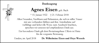 Traueranzeige von Agnes Eisen von Emder Zeitung