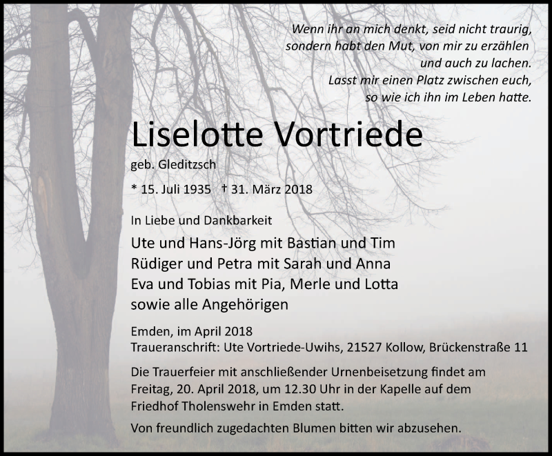  Traueranzeige für Liselotte Vortriede vom 13.04.2018 aus Emder Zeitung