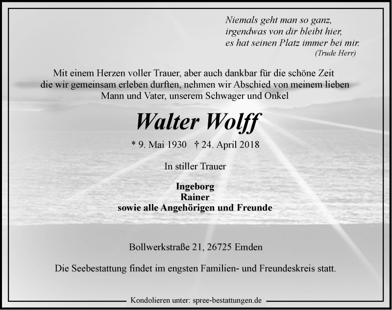 Traueranzeige für Walter Wolff vom 28.04.2018 aus Emder Zeitung