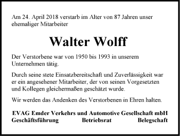 Traueranzeige von Walter Wolff von Emder Zeitung