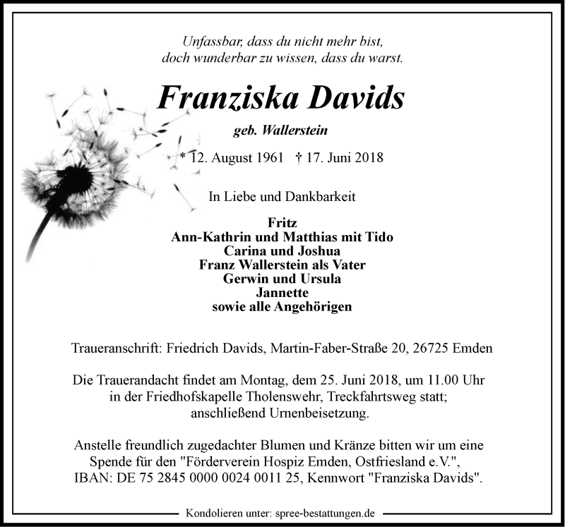 Traueranzeige für Franziska Davids vom 20.06.2018 aus Emder Zeitung