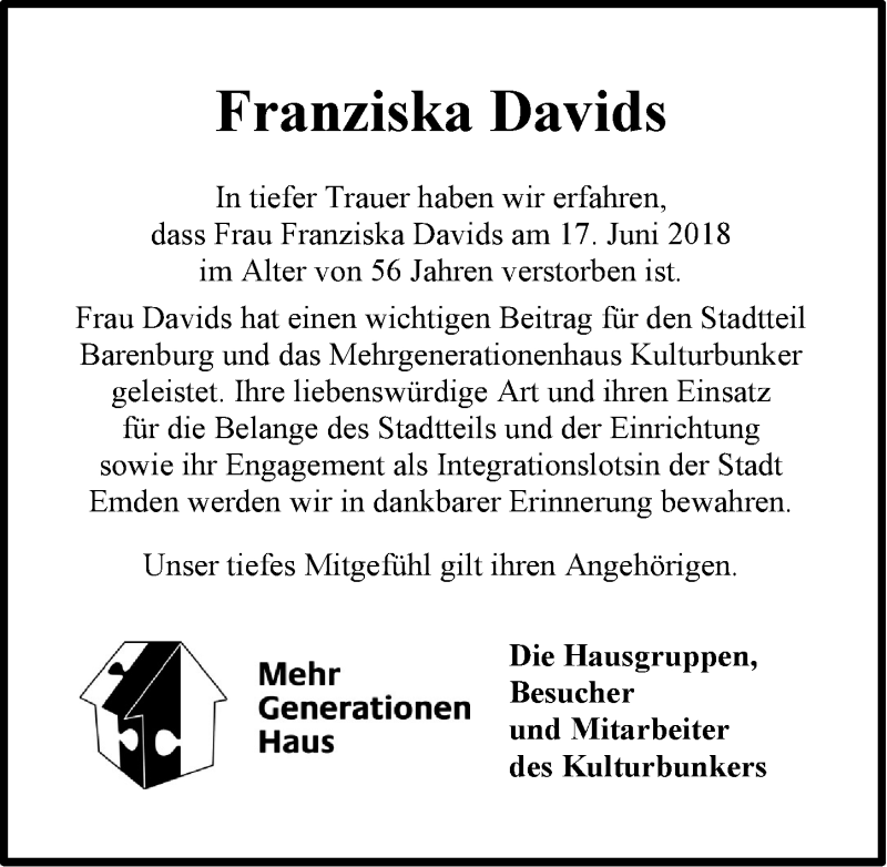  Traueranzeige für Franziska Davids vom 22.06.2018 aus Emder Zeitung