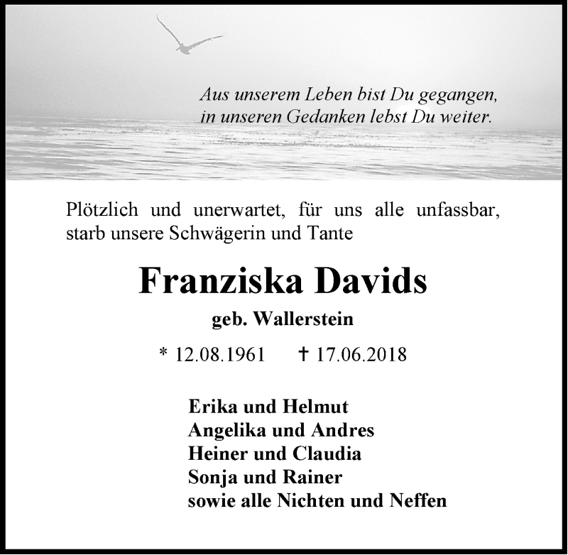  Traueranzeige für Franziska Davids vom 21.06.2018 aus Emder Zeitung