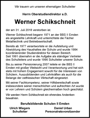 Traueranzeige von Werner Schikschneit von Emder Zeitung